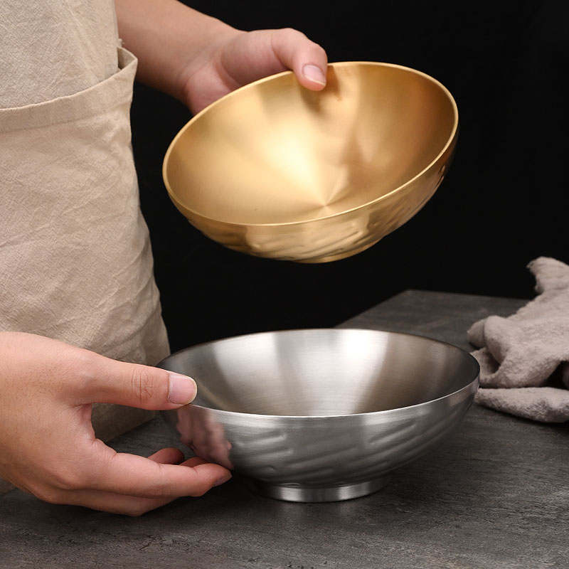 韩式不锈钢双层冷面碗泡面拉面碗金色拌饭碗大汤碗螺蛳粉麻辣烫碗