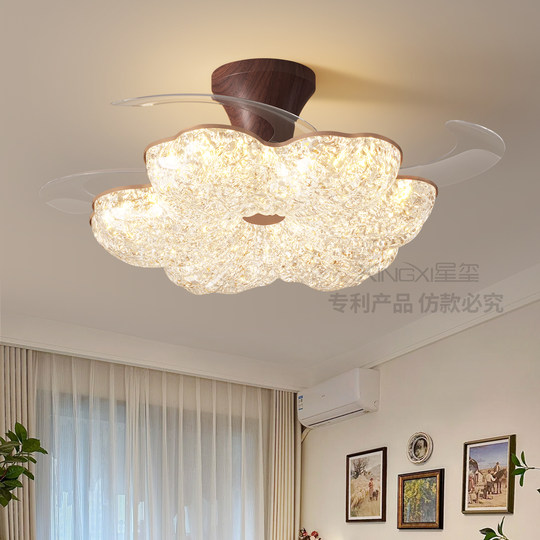 中古隐形风扇灯金箔轻奢紫荆花朵全光谱护眼主卧室餐厅一体吊扇灯