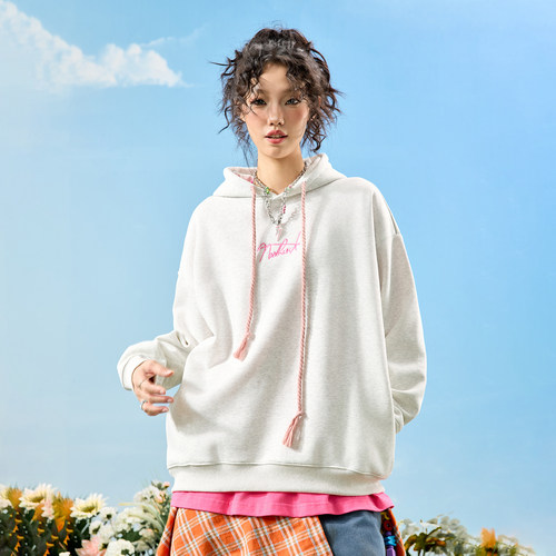 Nuthink美式刺绣字母连帽卫衣重磅复古潮牌加绒男女2025冬季新款 - 图1