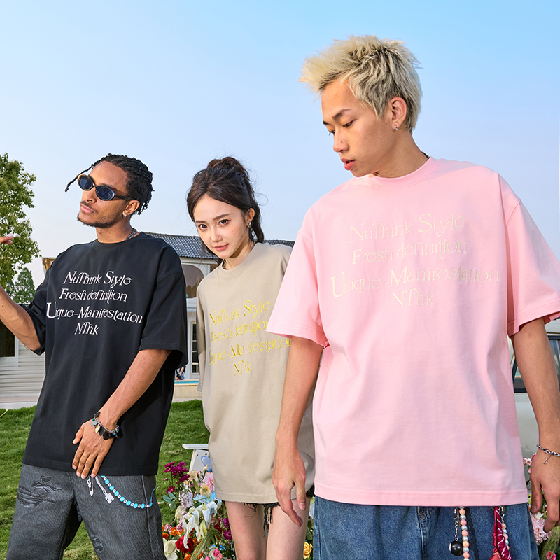Nuthink刺绣字母多巴胺短袖T恤美式复古嘻哈半袖男女2025夏季新款 - 图2