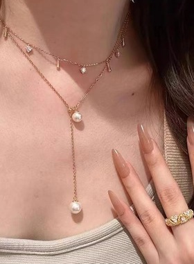 s925纯银珍珠吊坠锆石流苏项链夏天爆闪叠戴可抽拉感锁骨链