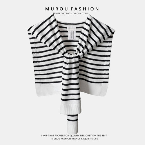 针织披肩女外搭2025新款春夏薄羊毛条纹空调房护颈小坎肩网红衬衫 - 图0