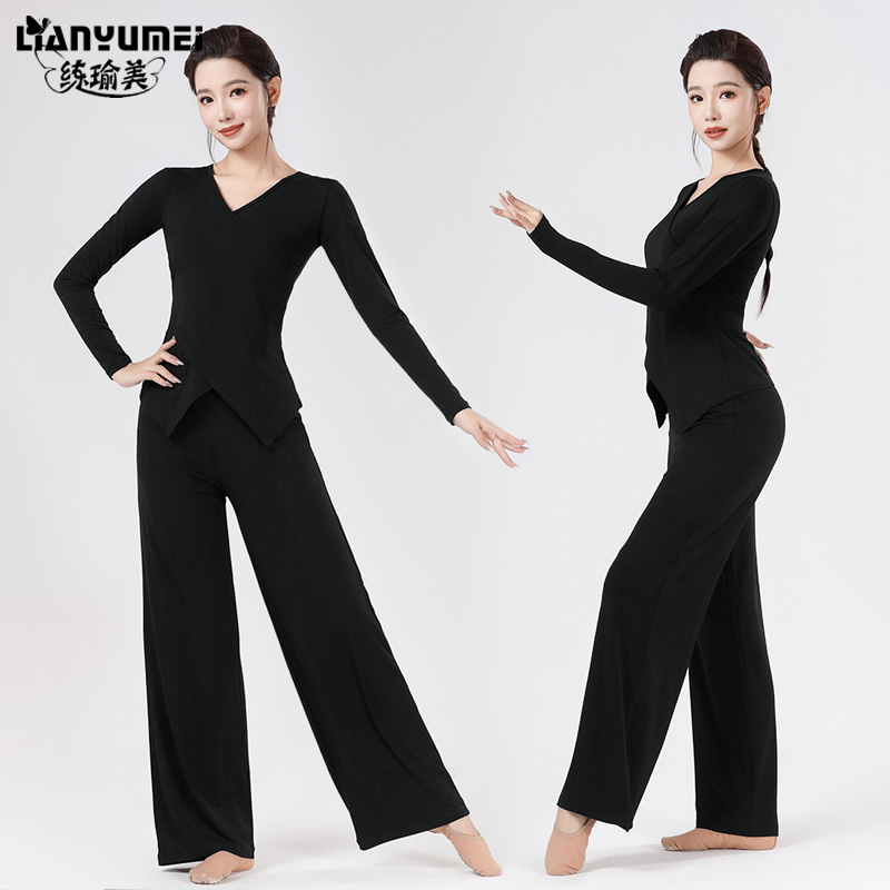 现代舞蹈服长袖上衣女莫代尔训练中国舞古典芭蕾舞形体服练功黑色 - 图2