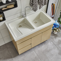 Modern Quartz Stone Double Basin Dark Handle Stainless Steel Laundry Cabinet Balcony Cabinet Bath Room Cabinet Combined Laundry Pool Table Basin Cabinet