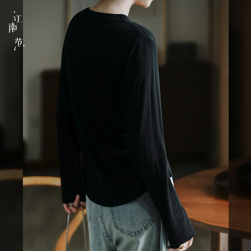 江南范新式改良汉服上装圆领黑色打底衫2024秋季修身显瘦百搭内搭,淘宝优惠券,粉丝福利购,淘宝优惠卷