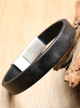 欧美朋克不锈钢钢色扣牛皮手链饰品男士牛皮光面手腕带皮手链