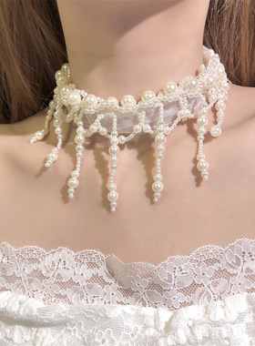 复古宫廷风珍珠choker项链女小众气质水滴珍珠流苏颈链