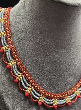 新中式多层蕾丝红蓝撞色串珠项链女款2025新款国风配饰颈链