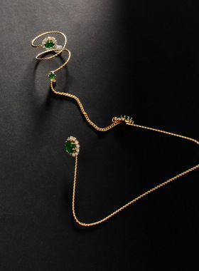 橄榄绿连指手链女欧美潮流戒指手镯可调节水钻手镯