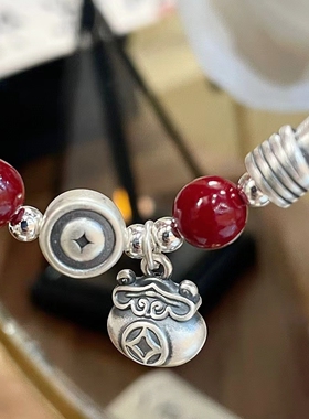 足银999醒狮金钱福袋朱砂手镯新中式国风高级感紫金砂手链女礼物