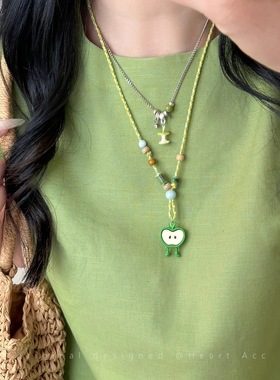 童趣减龄可爱青苹果吊坠项链女小众独特设计感锁骨链美少女毛衣连