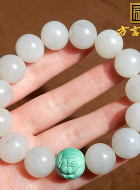 新疆羊脂玉飘青花卡14mm圆珠手串