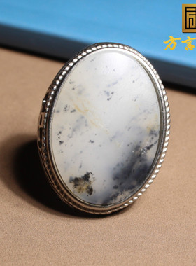 青花白玉籽料925银镶嵌戒指扳指