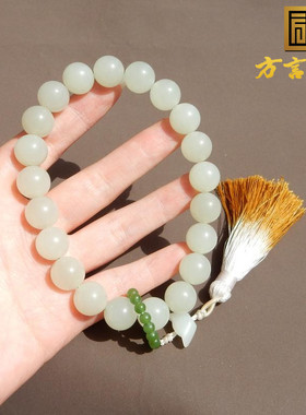 青海老料白玉卡12mm圆珠手持手串