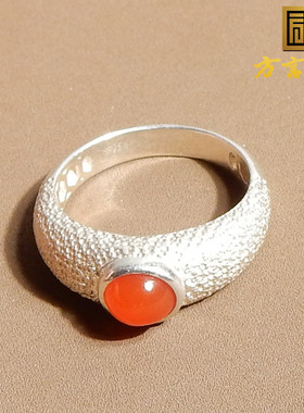 美美哒保山南红玛瑙柿子红银镶戒