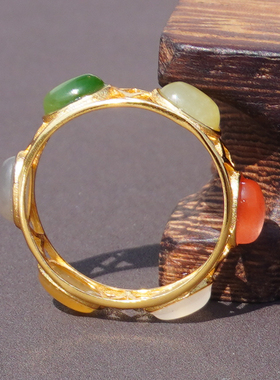 方言糖玉南红碧玉银镶玉多宝戒指