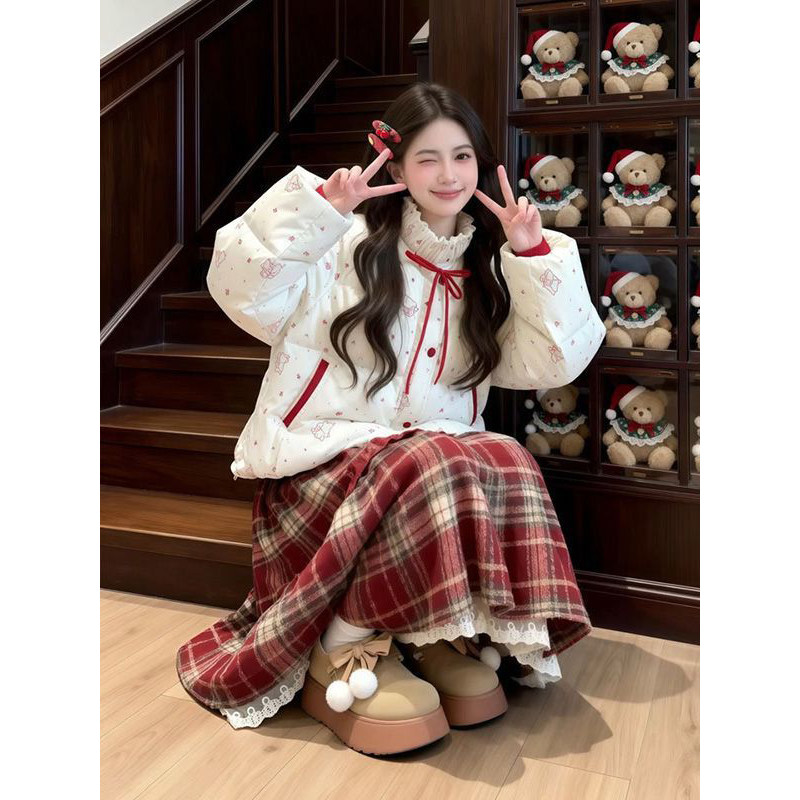 韩系温暖文艺风保暖米白色棉服女学生搭配格纹半身裙冬季两件套装,淘宝优惠券,粉丝福利购,淘宝优惠卷