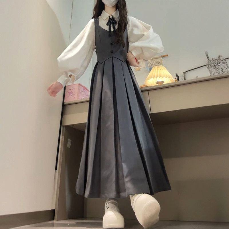 2025秋季新款英伦学院风假两件连衣裙女学生搭配长袖衬衫两件套装 - 图1