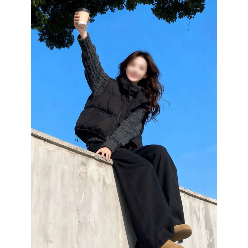 休闲学院风穿搭一整套高领黑灰毛衣+保暖棉衣背心马甲+黑色长裤女,淘宝优惠券,粉丝福利购,淘宝优惠卷