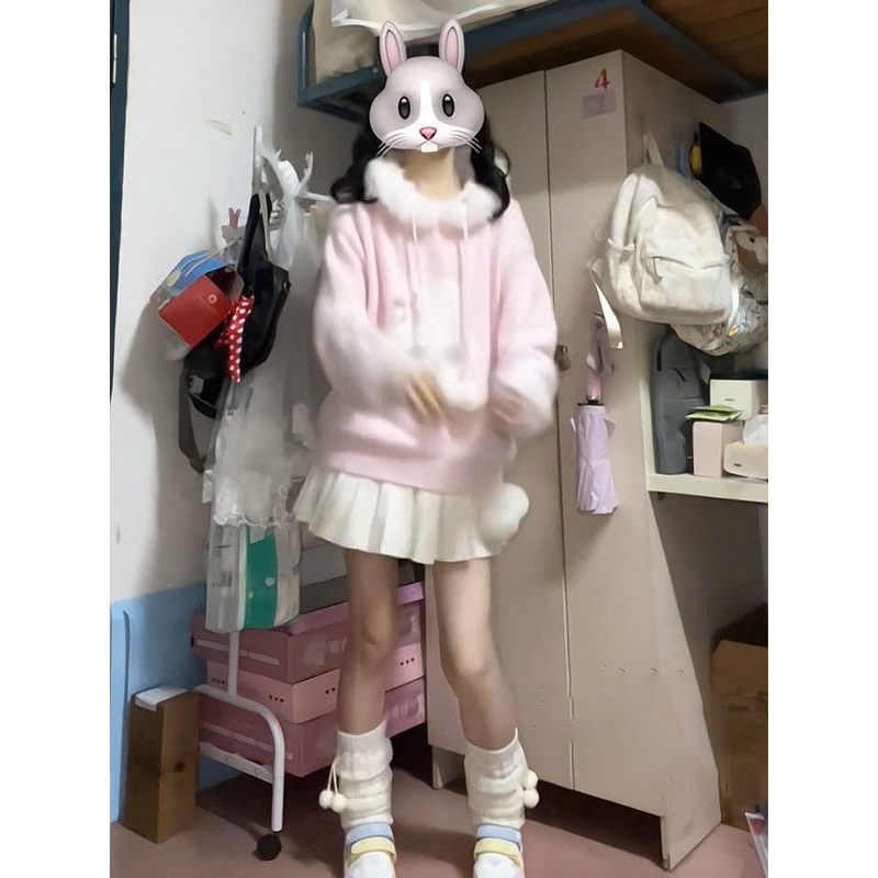可爱少女风卡通兔子提花连帽毛衣女冬季款软糯甜酷粉色针织衫上衣 - 图0