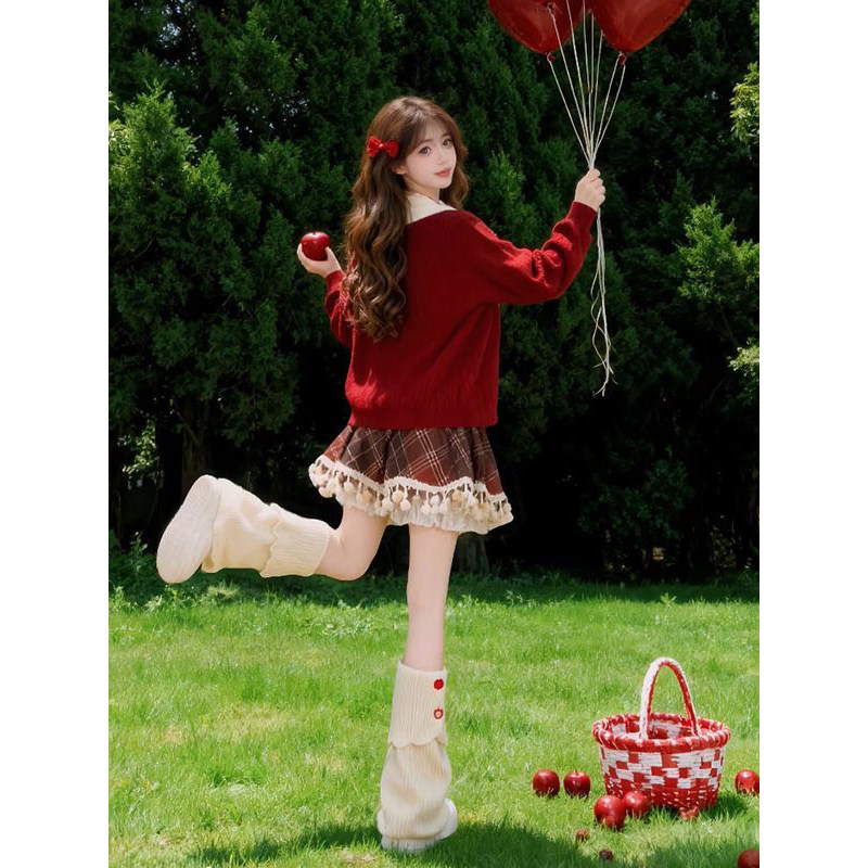 巨好看设计蝴蝶结假两件红色毛衣开衫女冬季格纹流苏边短裙两件套,淘宝优惠券,粉丝福利购,淘宝优惠卷