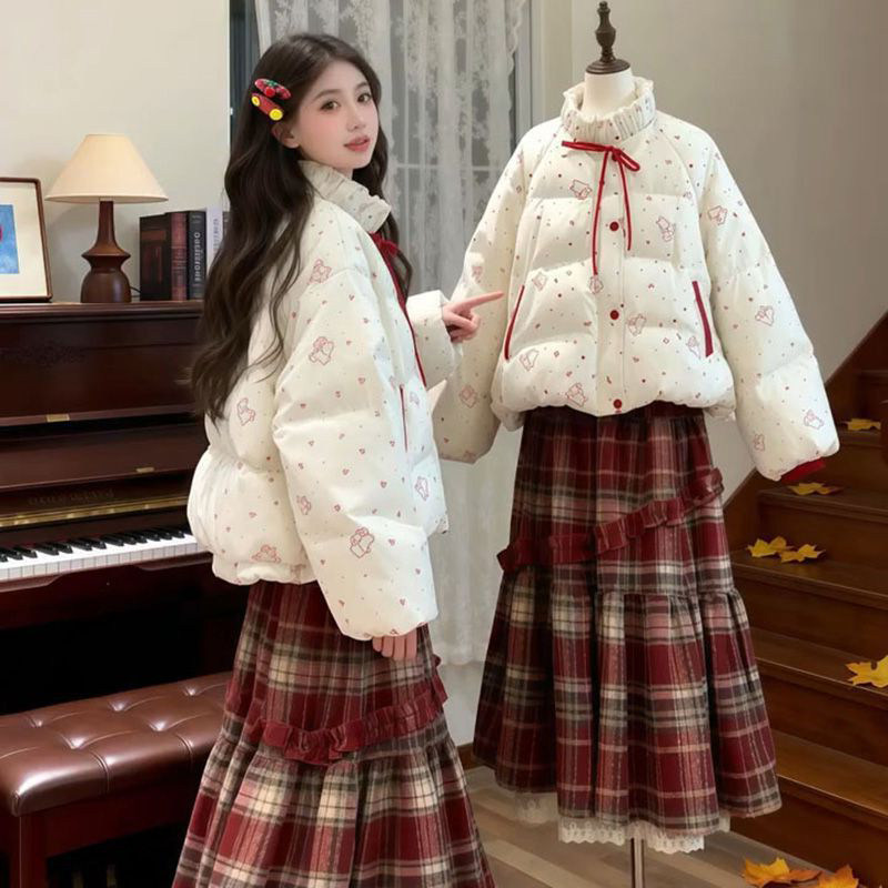 韩系温暖文艺风保暖米白色棉服女学生搭配格纹半身裙冬季两件套装,淘宝优惠券,粉丝福利购,淘宝优惠卷