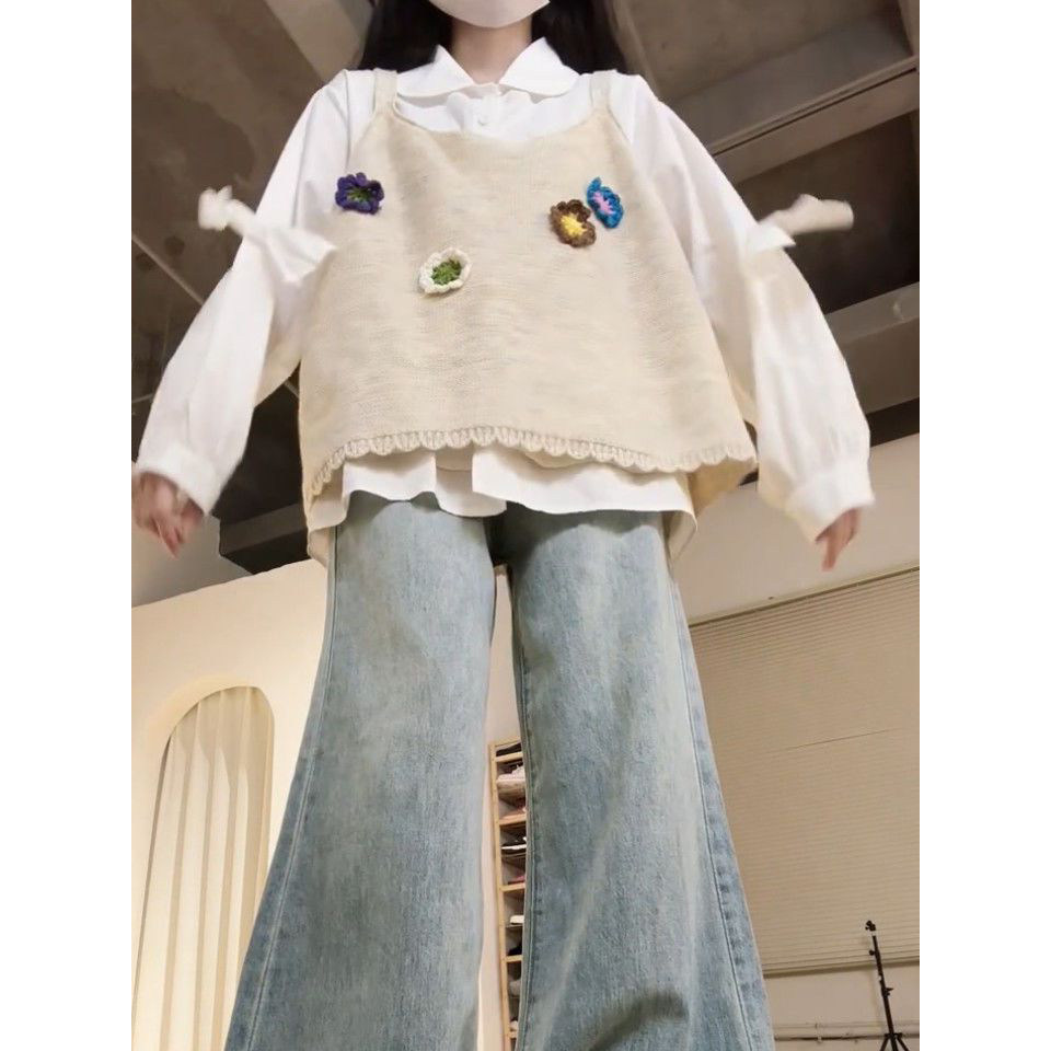 学院风立体花朵针织吊带马甲背心女百搭长袖衬衫女早秋穿搭一整套 - 图2