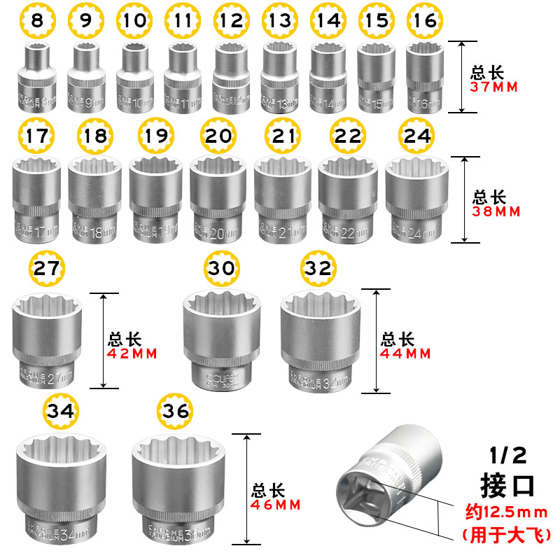 12角梅花套筒套装 12花梅花套筒 1/2寸大飞小风炮套筒头 8-36mm - 图0