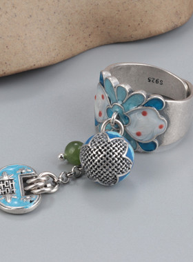 S925纯银宽面滴胶工艺圆球流苏如意锁戒指复古宽版开口民族风指环