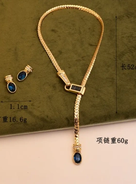 中古Vintage简约蛇骨Y型琉璃项链复古铜镀金锁骨链冷淡风女颈链