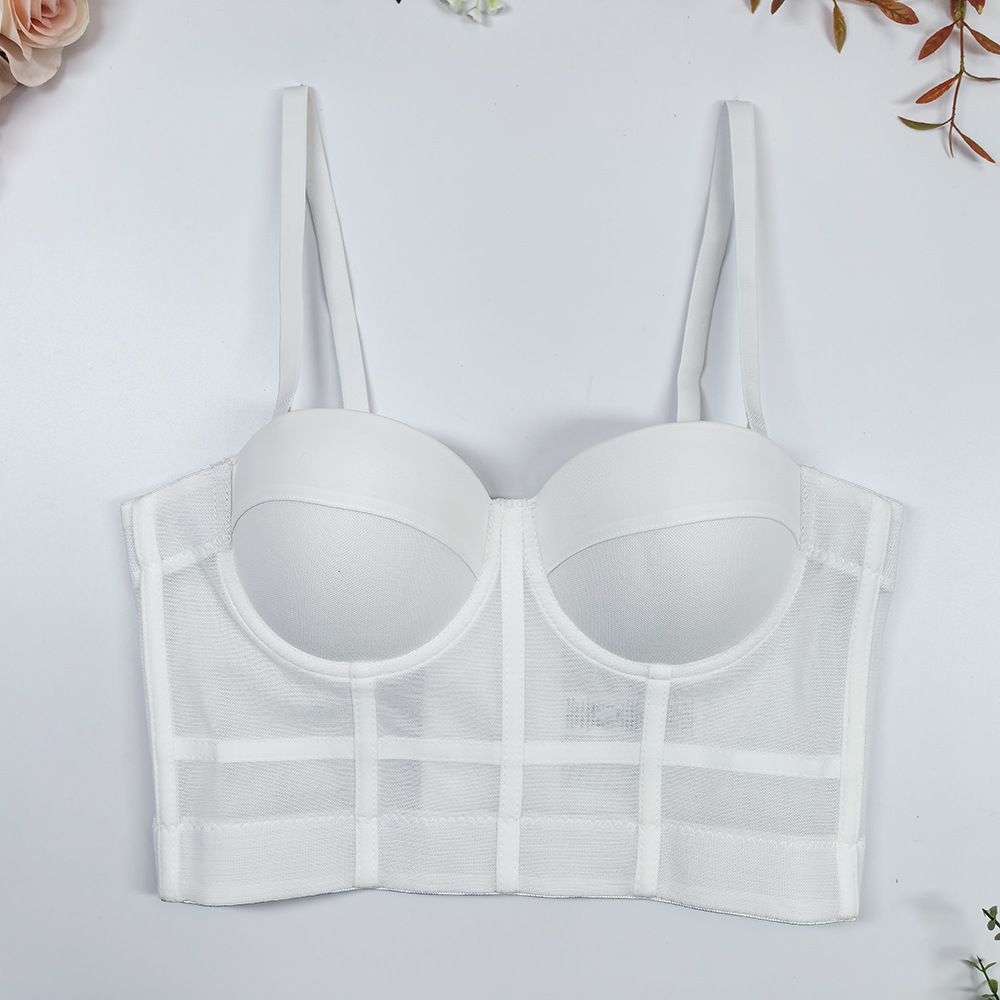 运动文胸弹力网纱美背一体式固定杯鱼骨吊带背心女corset轻运动风 - 图2