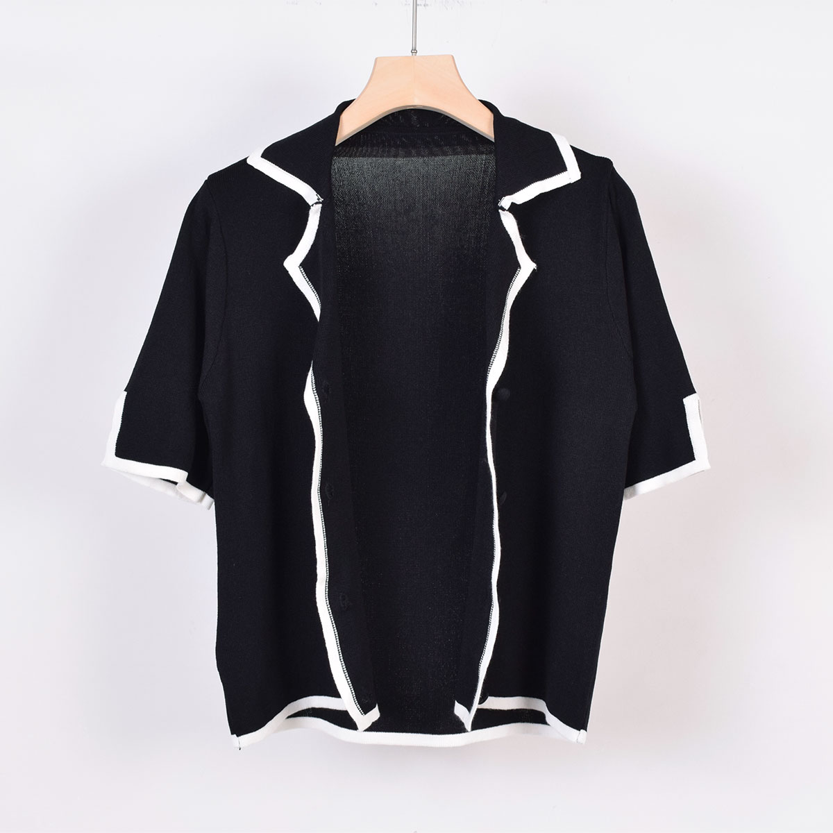 C402-1小香风短袖冰丝针织衫女夏季撞色修身薄款设计感小众上衣-图3
