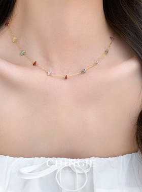 青芥法式百搭彩色天然石锁骨链