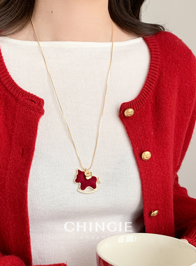 青芥新年红色丝绒小马项链