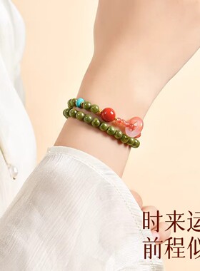 普陀山文创集南红双圈手串天然绿檀木红玛瑙转运珠本命年手链女款