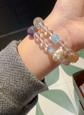 天然多宝白水晶手链手串女圆珠海蓝宝兔毛紫水晶小众设计感礼品