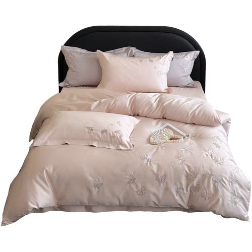 法式蝴蝶纯棉长绒棉四件套纯棉刺绣被套公主粉色高端轻奢床笠床单 - 图3