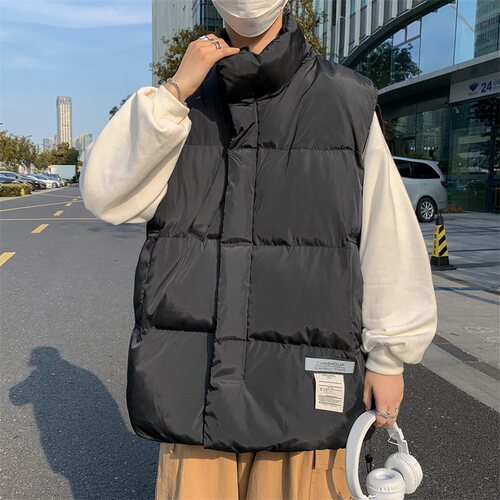 立领棉马甲外套男士春秋冬季ins潮牌绣标保暖外穿背心马夹面包服 - 图0
