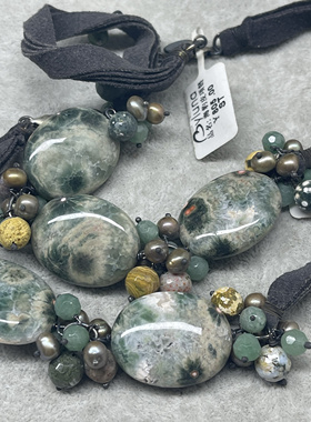 925配件石中石绿画图短款皮绳项链手链老货氧化no退no换 5.78