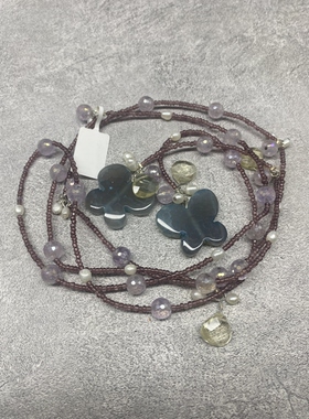 B1紫水晶珍珠蝴蝶花朵长款项链 复古森系小众设计感毛衣链围脖链