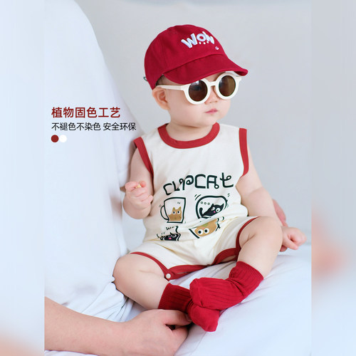 男宝宝夏装连体衣薄款婴儿衣服夏季外出服满月百天包屁衣红色爬服 - 图1