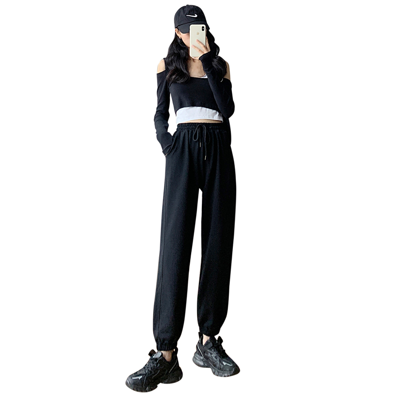 黑色宽松束脚高腰直筒百搭运动裤 糖乐天休闲裤