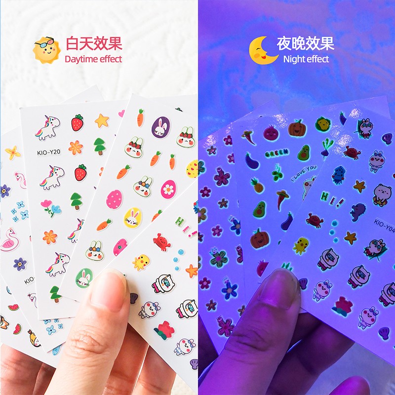 夜光指甲贴儿童无毒无味女孩子女童女生专用公主网红美甲贴可爱卡通幼儿宝宝小孩用的荧光自粘指甲贴玩具贴纸 - 图1
