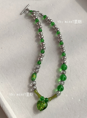 竹林中｜原创小众设计新中式复古高级竹节绿琉璃串珠项链锁骨链