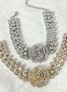 三排满钻玫瑰花朵项链