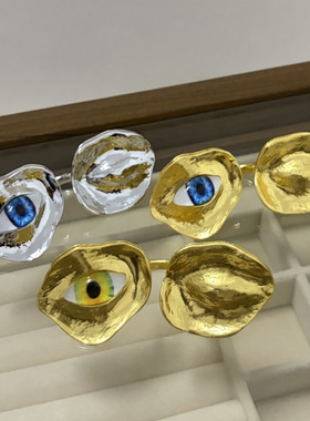 欧美复古个性小众夸张恶魔之眼不对称双头戒指轻奢时尚开口指环潮