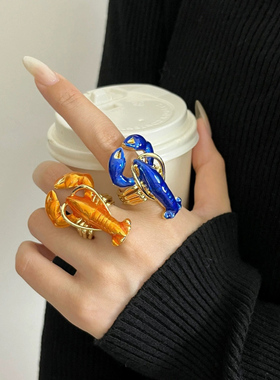 欧美ins个性海洋风滴油彩色龙虾形戒指时尚轻奢高级感复古指环 潮