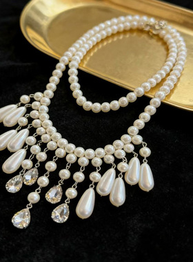 欧美复古气质名媛风双层珍珠水滴闪钻流苏耳环轻奢高级感锁骨链女