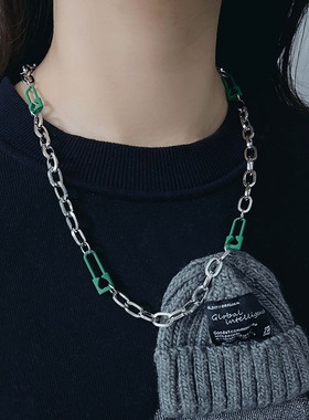 欧美潮牌嘻哈别针项链 拼色粗链个性配饰男女情侣同款卫衣毛衣链