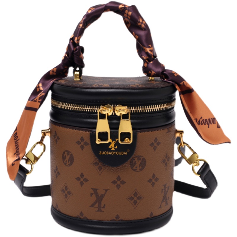 圆筒包女包2025新款潮丝巾手提圆柱形水桶包单肩斜挎老花饭桶小包,淘宝优惠券,粉丝福利购,淘宝优惠卷